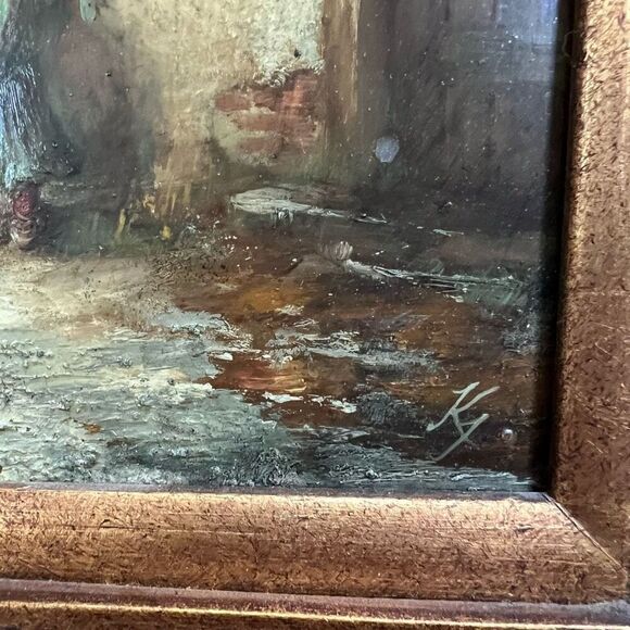 Vintage Oil Painting Panel with Large Wood & Gold Ornate Frame Little Musician - Picture 5 of 10